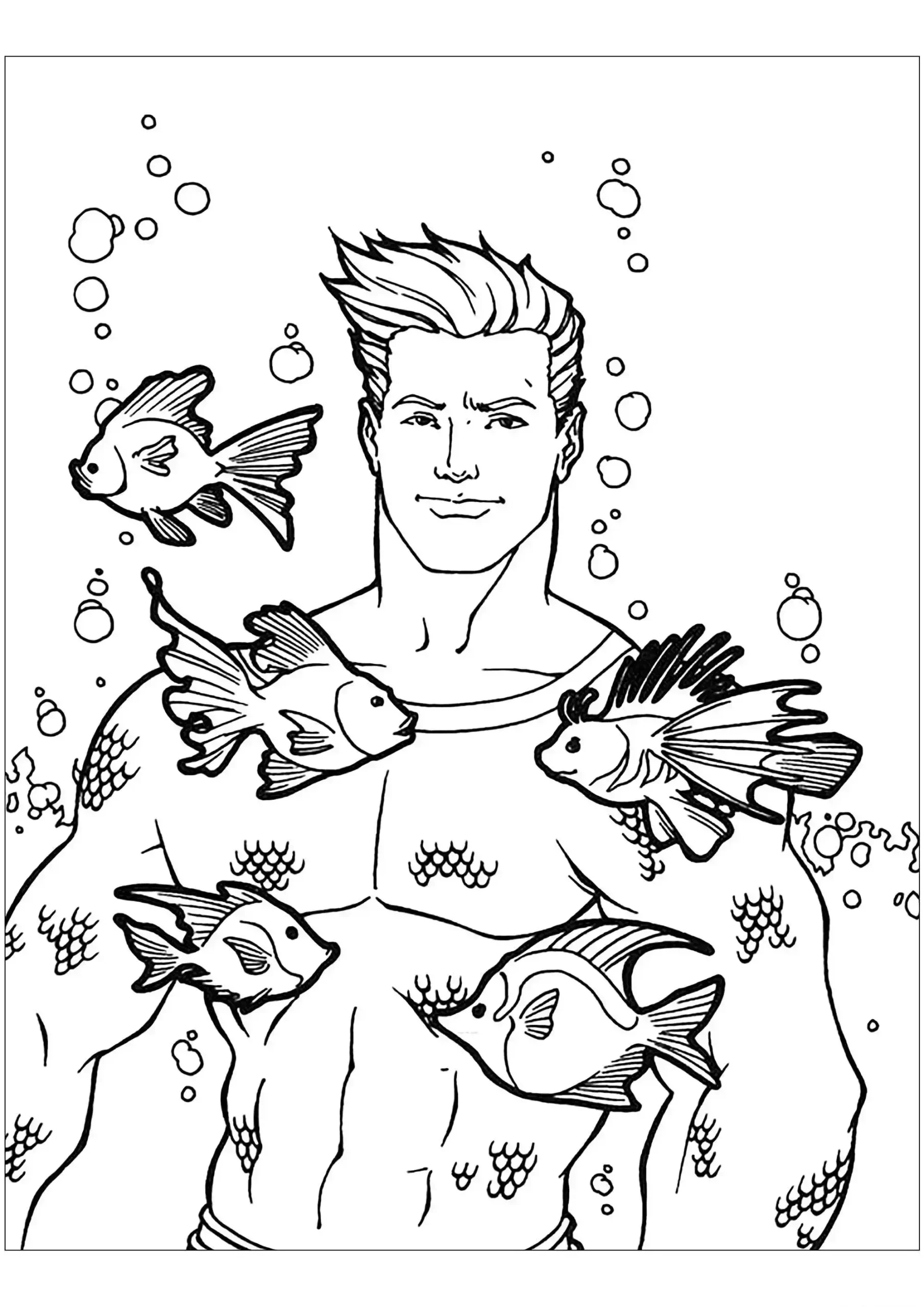 Aquaman con peces para colorear