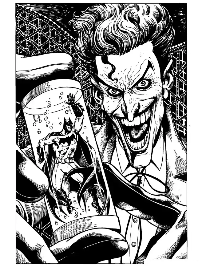 Dibujo de Joker sosteniendo a Batman en un tubo para imprimir