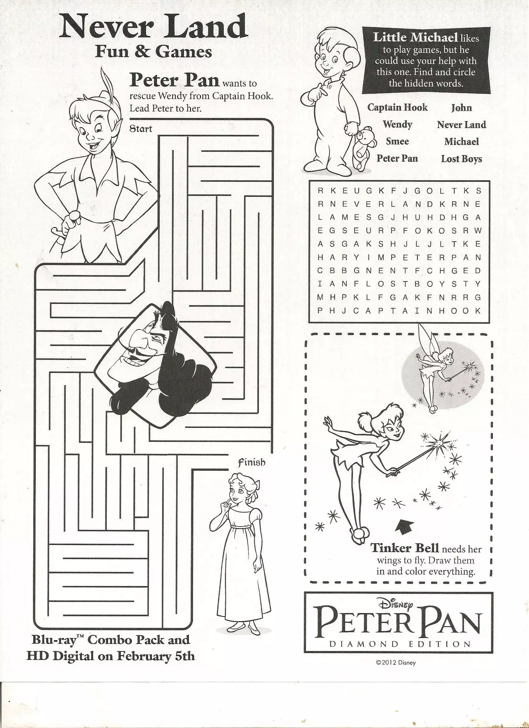 Hojas de trabajo de Tinker Bell Peter Pan para imprimir gratis