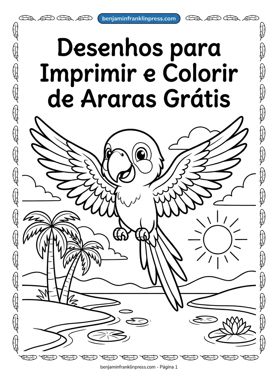 Desenho para colorir de uma grande arara-azul voando de asas abertas sobre o rio Pantanal e palmeiras buritis com sol ao fundo.