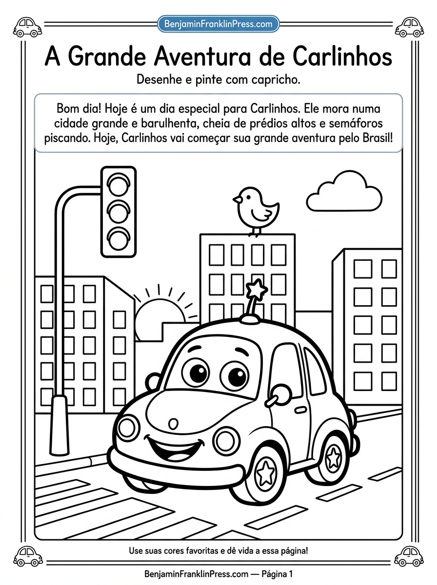 Desenho de carro para colorir com Carlinhos sorridente na cidade grande, cercado de prédios, semáforo e faixa de pedestres