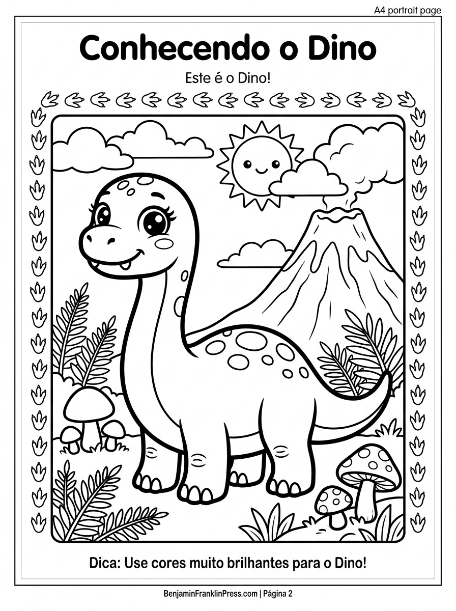 Desenho de dinossauro para colorir com o Dino, um Braquiossauro fofo e sorridente, cercado de samambaias, cogumelos e vulcão ao fundo, atividade infantil em preto e branco
