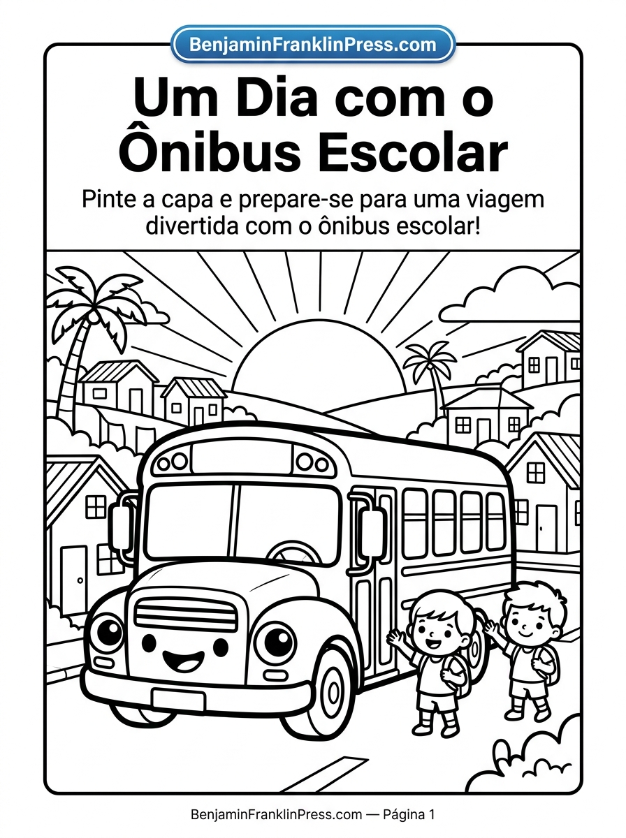Desenho de ônibus escolar para colorir, ilustração simples mostrando o veículo parado no ponto com a porta aberta, ideal para crianças pequenas
