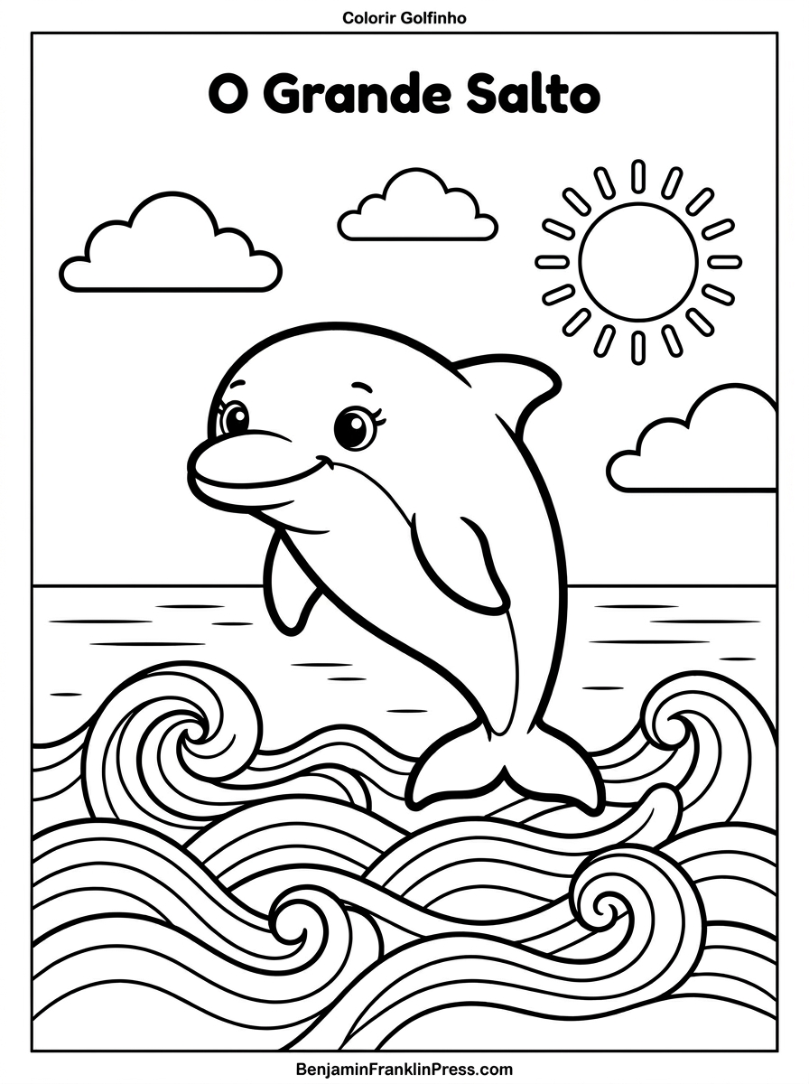 Desenho de golfinho para colorir saltando alto sobre as ondas do mar, com respingos de água, sol e nuvens ao fundo — atividade para crianças de 4 a 8 anos.