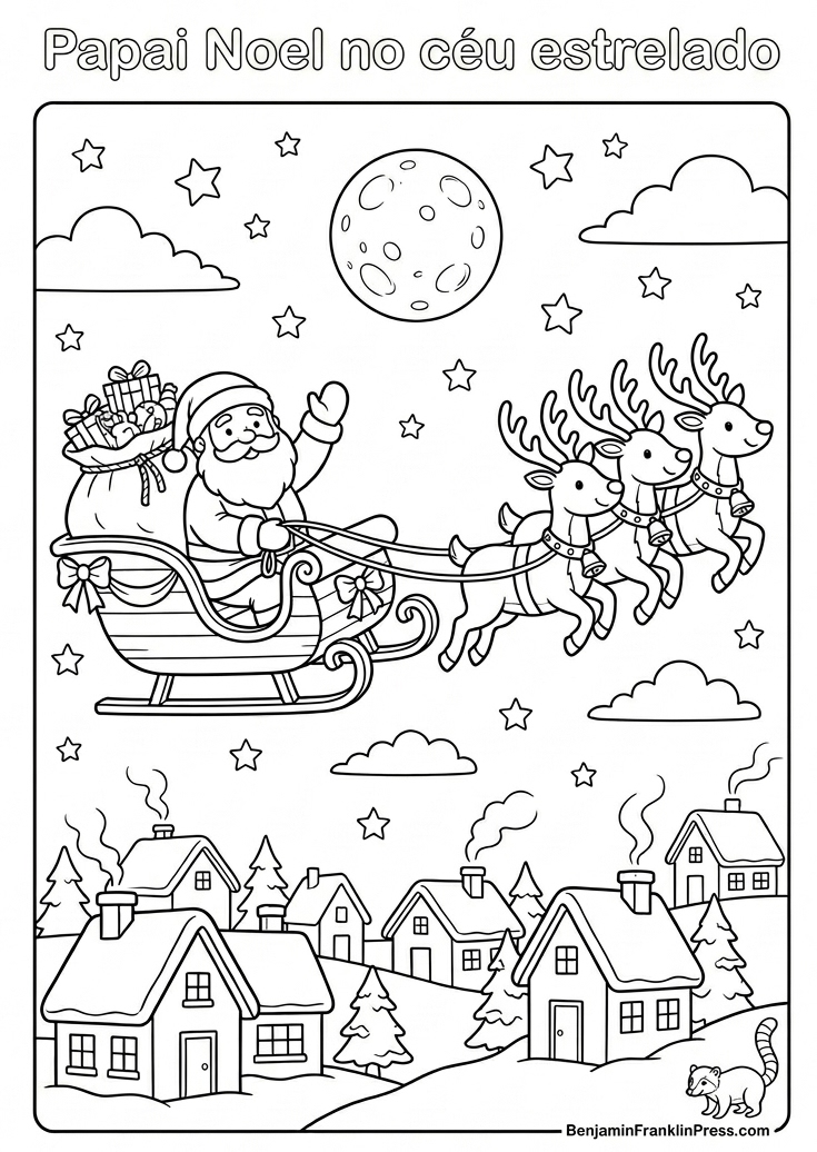 Desenho de natal para colorir com Papai Noel no trenó voando pelo céu estrelado puxado por renas, com cidade nevada ao fundo, para crianças de 4 a 8 anos