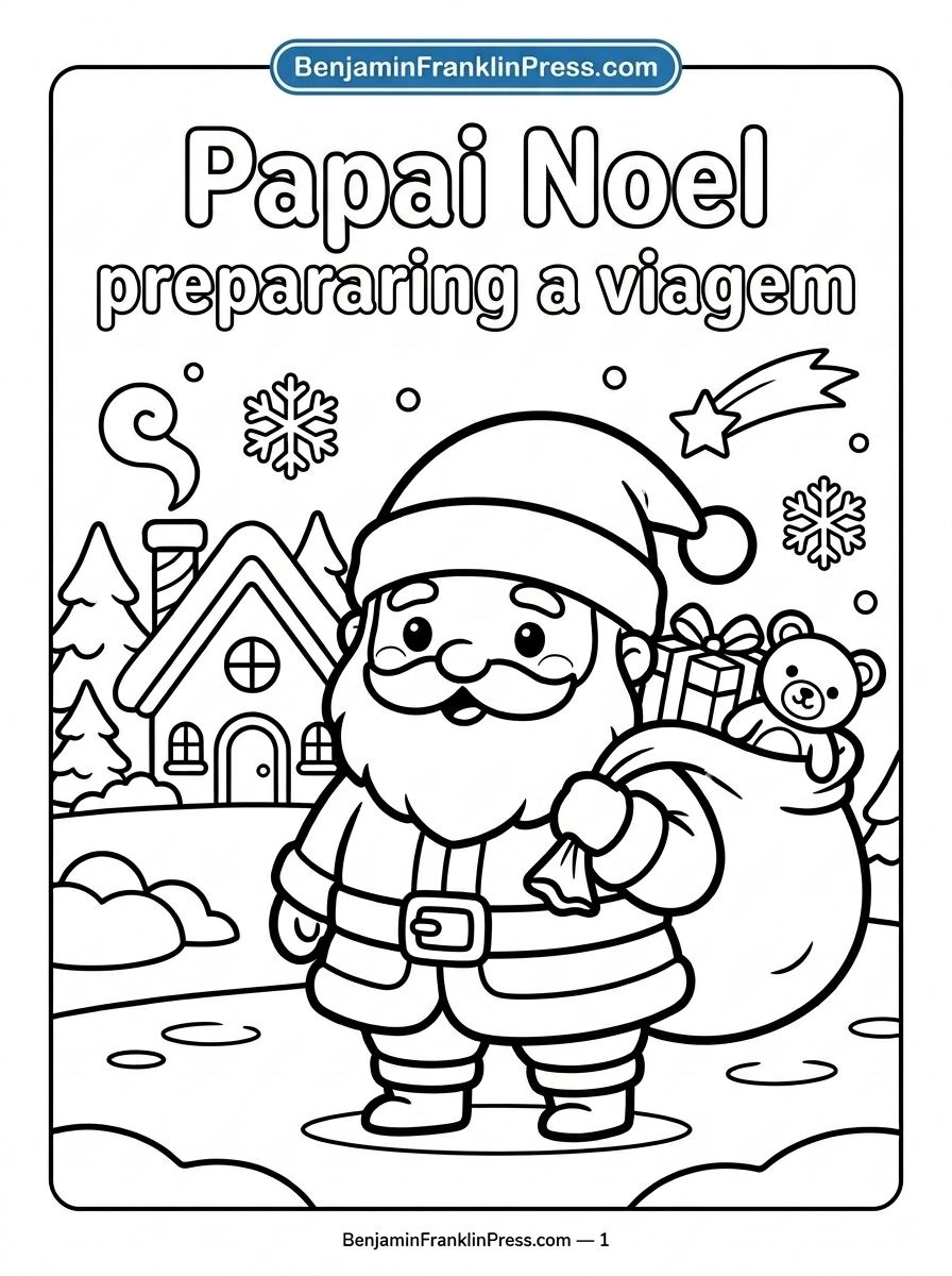 Desenho de Papai Noel para colorir, preparando o saco de presentes em frente à casa no Polo Norte, ilustração em preto e branco para crianças.