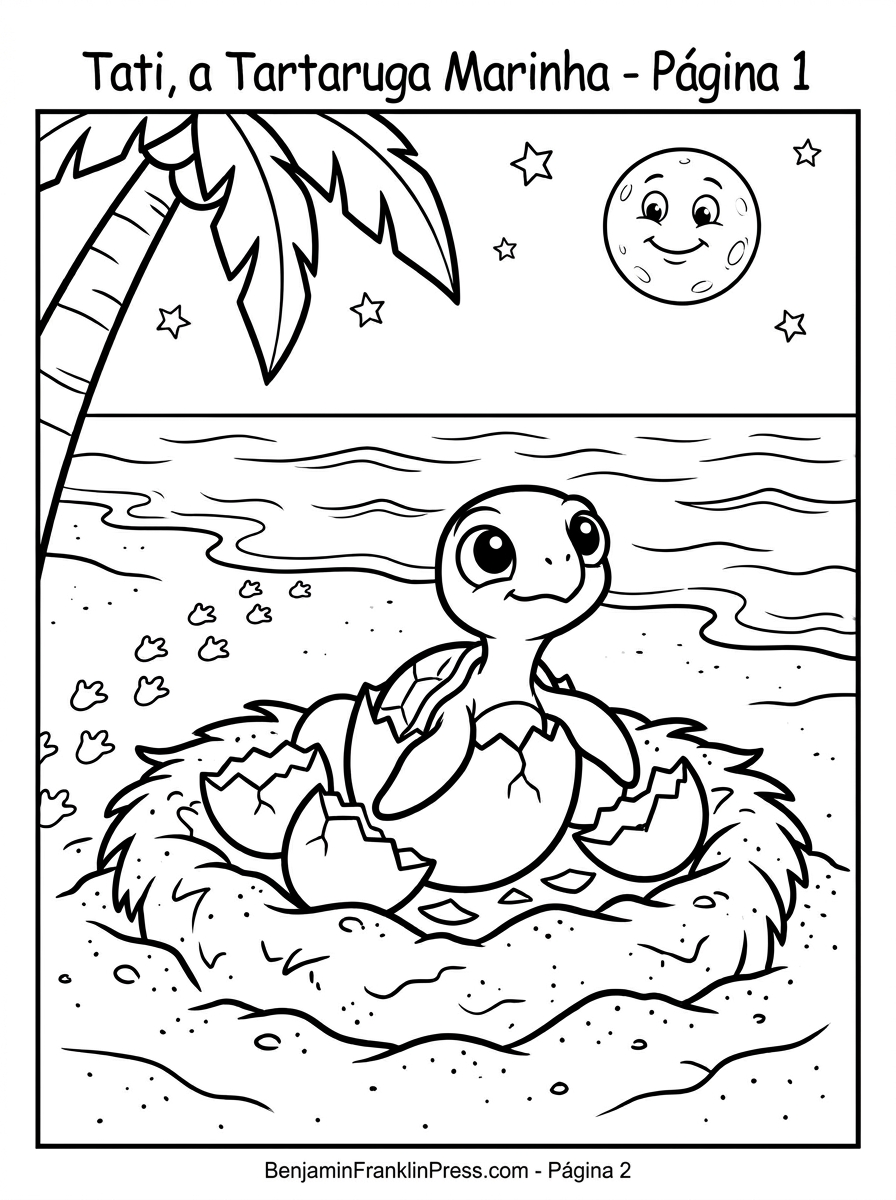 Desenho de tartaruga marinha para colorir mostrando Tati recém-nascida saindo do ovo em uma praia brasileira à noite, com lua cheia e coqueiro ao fundo.