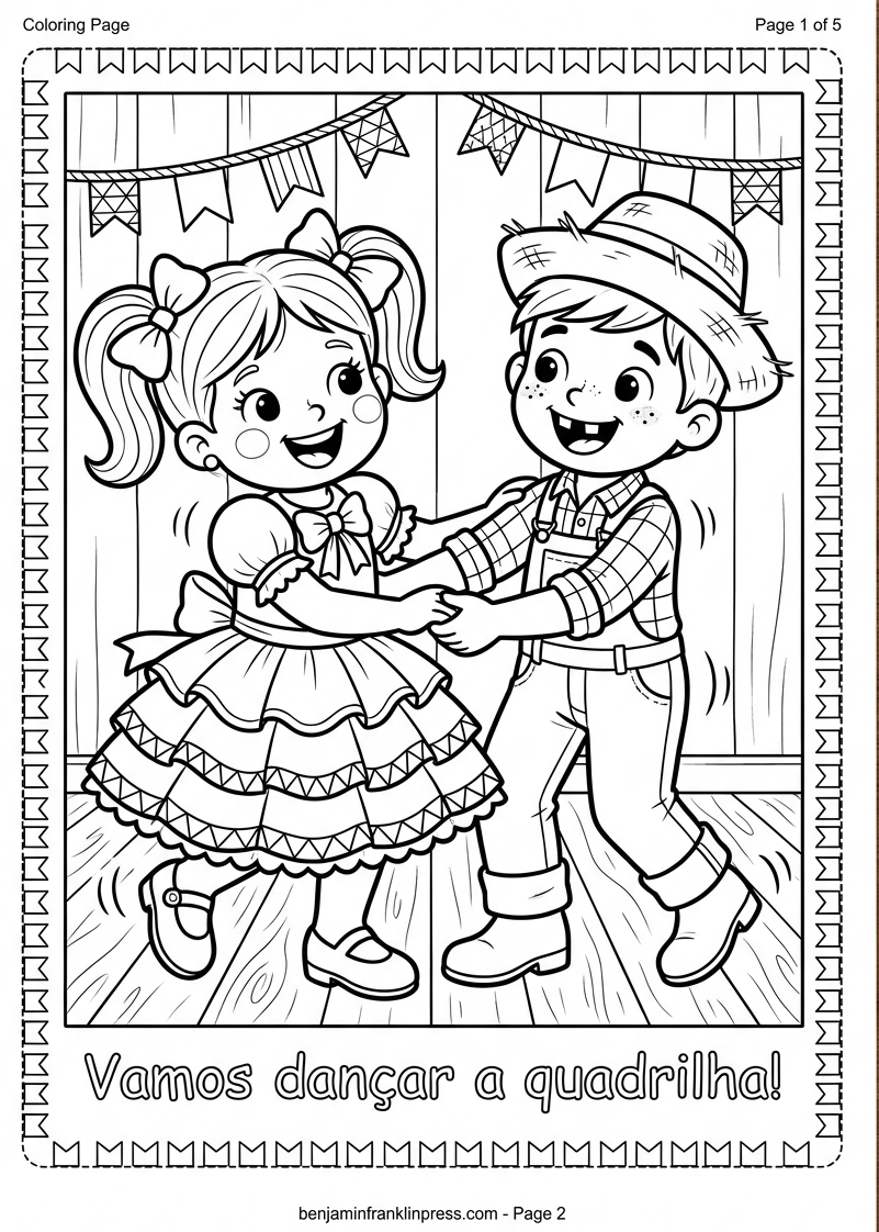 Casal infantil vestido de caipira dançando quadrilha junina em barracão — desenho para colorir em preto e branco