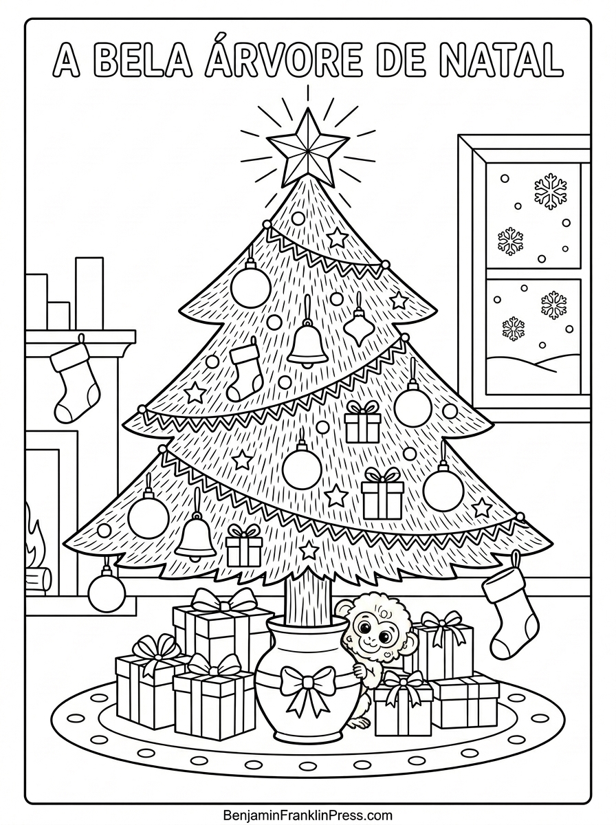 Desenho de natal para colorir com árvore de natal grande cheia de enfeites, estrela no topo e presentes embaixo, ilustração em preto e branco para crianças