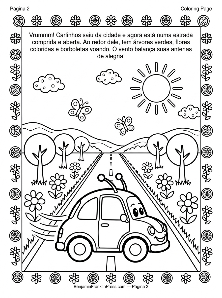 Desenho de carro para colorir com Carlinhos de perfil numa estrada aberta, rodeado de árvores, flores coloridas e borboletas