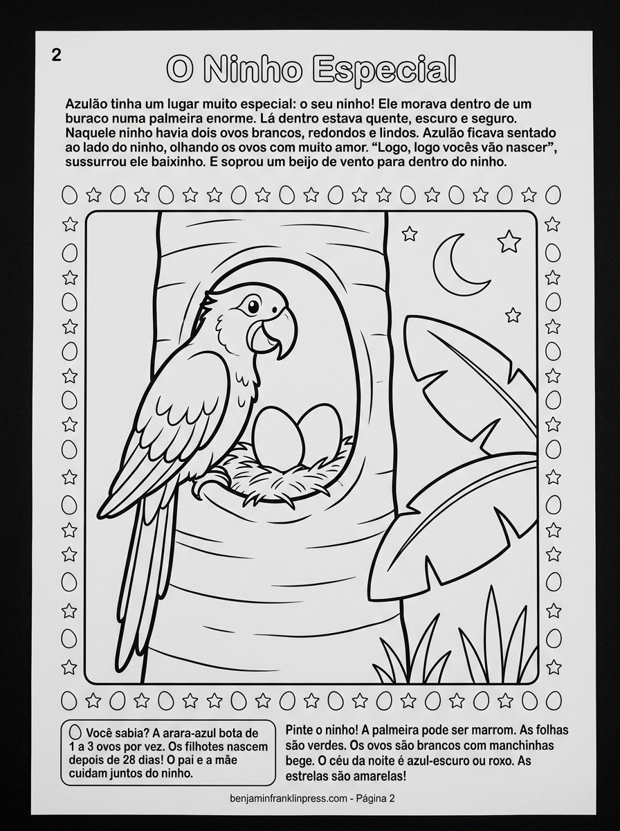 Desenho infantil para colorir de um casal de araras-azuis cuidando do seu ninho dentro do tronco de uma árvore manduvi.