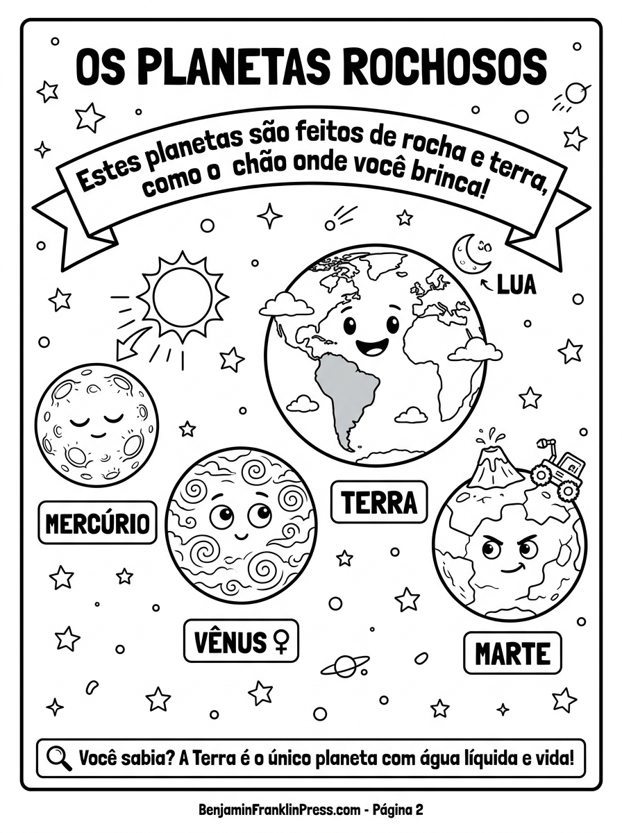 Desenhos dos planetas rochosos do sistema solar para colorir — Mercúrio com crateras, Vênus com nuvens em espiral, Terra com continentes e Marte com vulcão e rover, para crianças aprenderem astronomia.