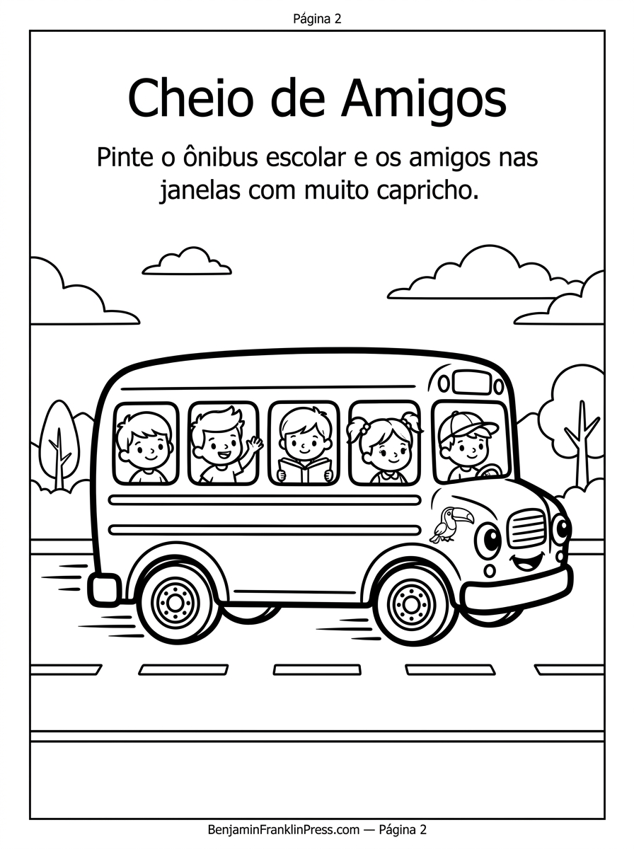 Desenho de ônibus escolar para colorir em movimento, com crianças sorrindo pelas janelas, atividade para estimular coordenação motora infantil