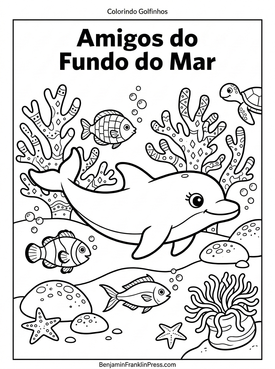 Página de golfinho para colorir no fundo do mar com peixes coloridos, corais, estrelas do mar e uma tartaruga — cena de recife tropical para crianças pequenas.