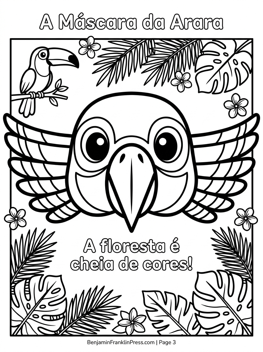 Máscara para colorir de arara com asas de penas listradas, flores tropicais e tucano ao fundo — desenho infantil em preto e branco