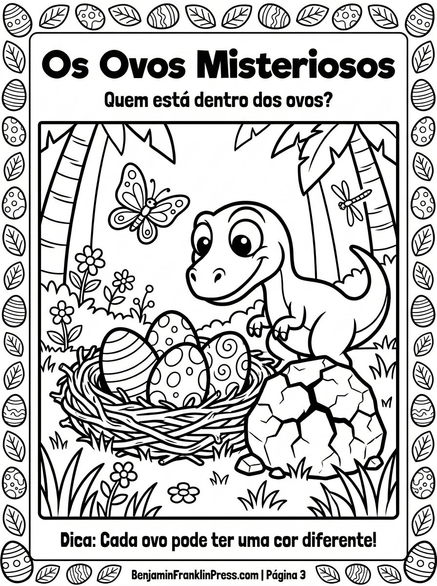 Dinossauro curioso e surpreso diante de três ovos decorados com listras, bolinhas e estrelas num ninho de galhos, página infantil para colorir em preto e branco com tema pré-histórico