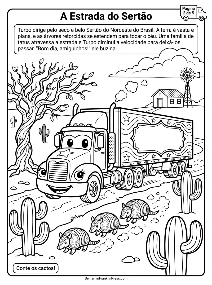 Desenho de caminhão para colorir na caatinga nordestina com tatus, mandacarus e cata-vento ao fundo. Atividade educativa infantil para imprimir.