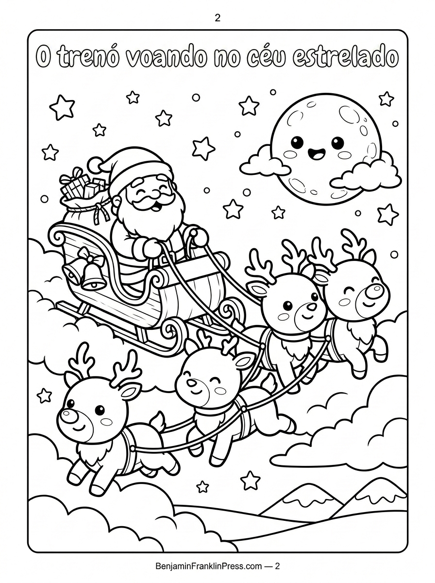 Desenho de Papai Noel para colorir voando de trenó puxado por renas em céu estrelado, ilustração natalina em preto e branco para crianças.