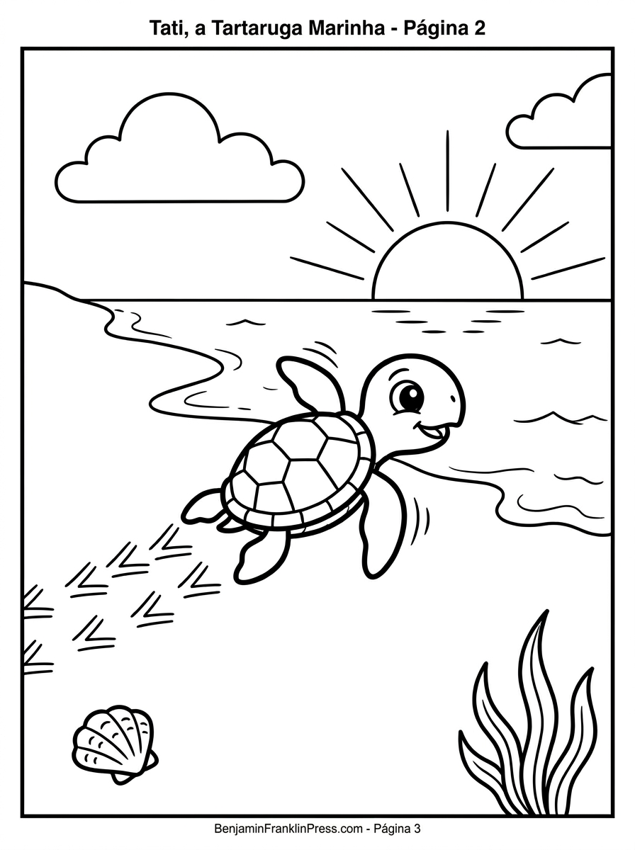 Desenho de tartaruga marinha para colorir com Tati correndo pela areia em direção ao mar ao nascer do sol, deixando rastros com as patinhas na praia.