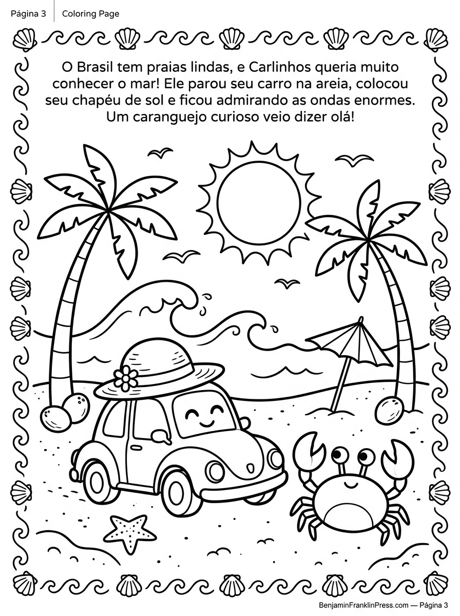 Desenho de carro para colorir com Carlinhos estacionado na praia brasileira, usando chapéu de palha, ao lado de palmeiras e um caranguejo