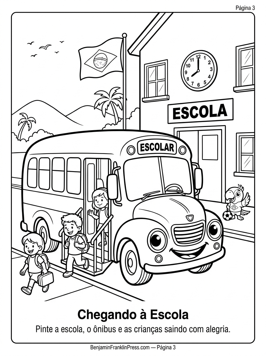 Desenho de ônibus escolar para colorir mostrando a chegada na escola, com prédio, bandeira e crianças descendo os degraus do veículo