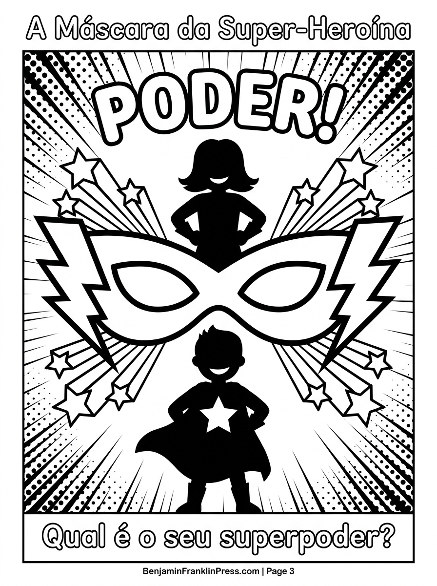Máscara para colorir de super-heroína com raios de energia, estrelas e silhueta de criança com capa — desenho infantil em preto e branco