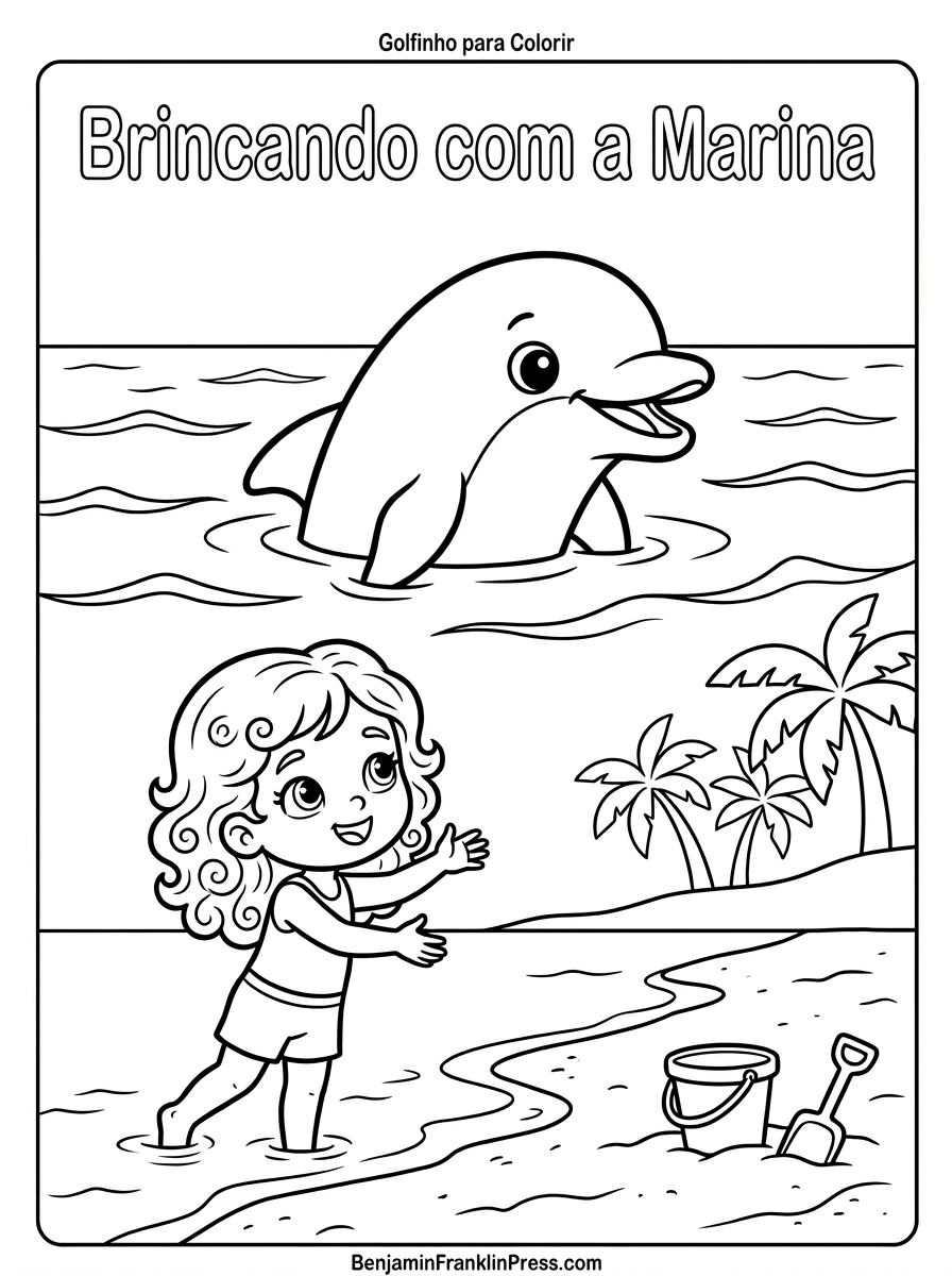 Desenho para colorir de uma menina de cabelos cacheados brincando com um golfinho nas águas rasas da praia brasileira, com coqueiros ao fundo e conchas na areia.