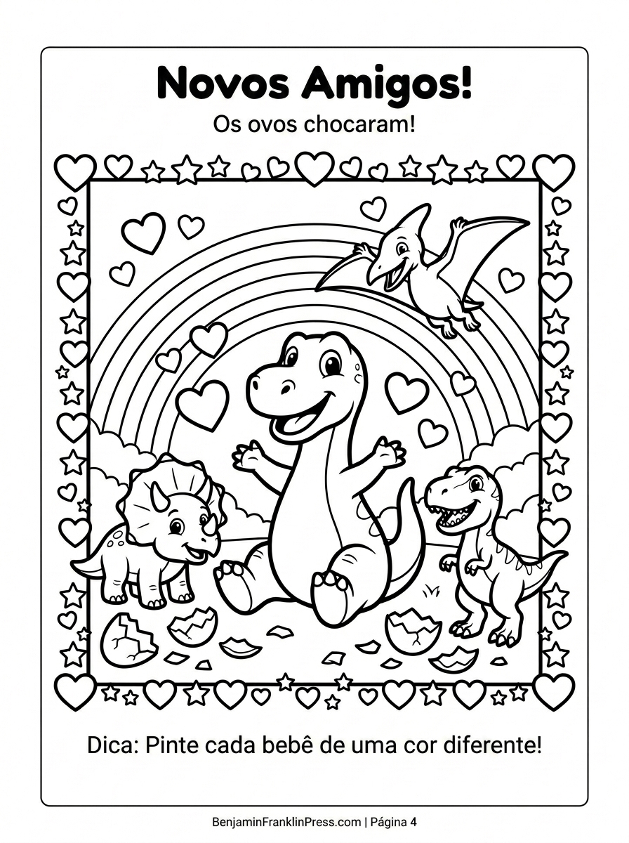 Três filhotinhos de dinossauro — Tricerátopo, T-Rex e Pterodátilo — saindo dos ovos enquanto o Dino os recebe de braços abertos, desenho para colorir sobre amizade e acolhimento em preto e branco
