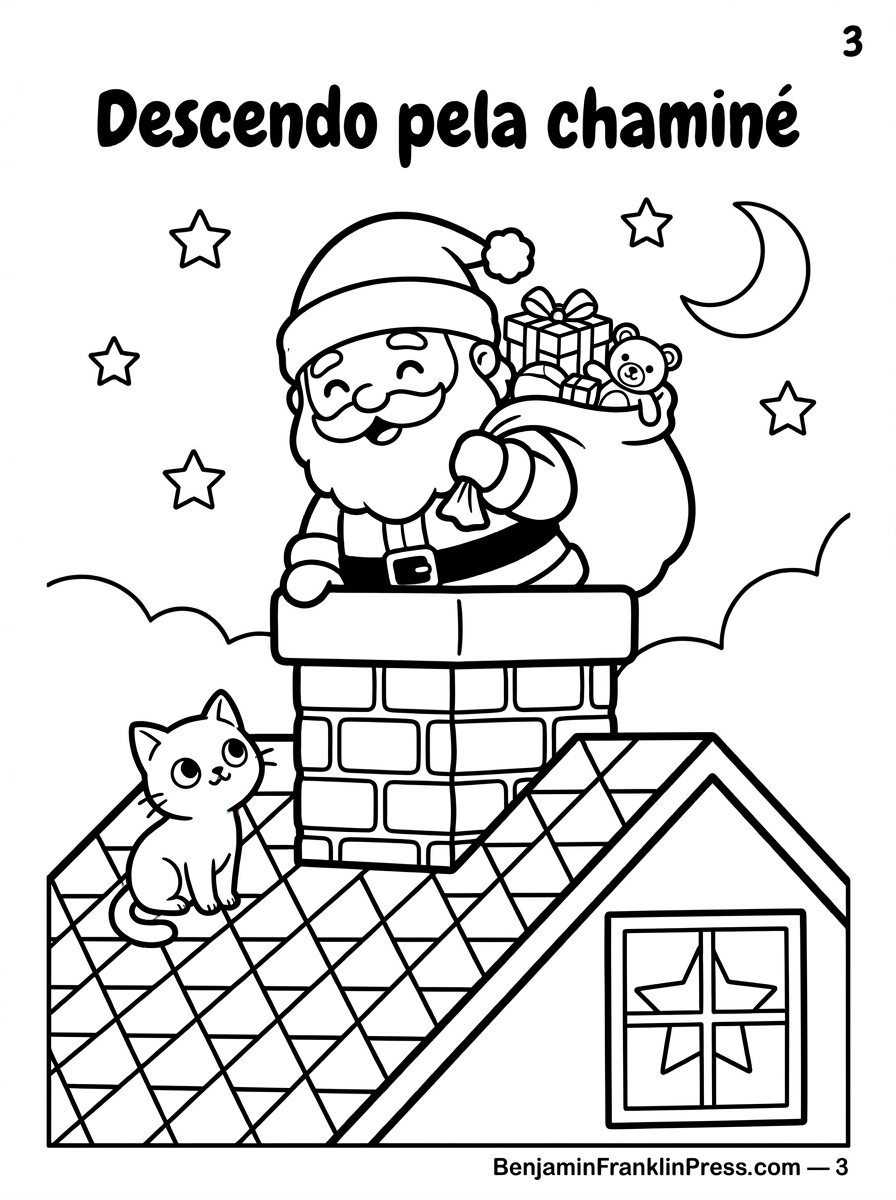 Desenho de Papai Noel para colorir descendo pela chaminé de uma casa, com gato observando do telhado, ilustração em preto e branco para colorir.