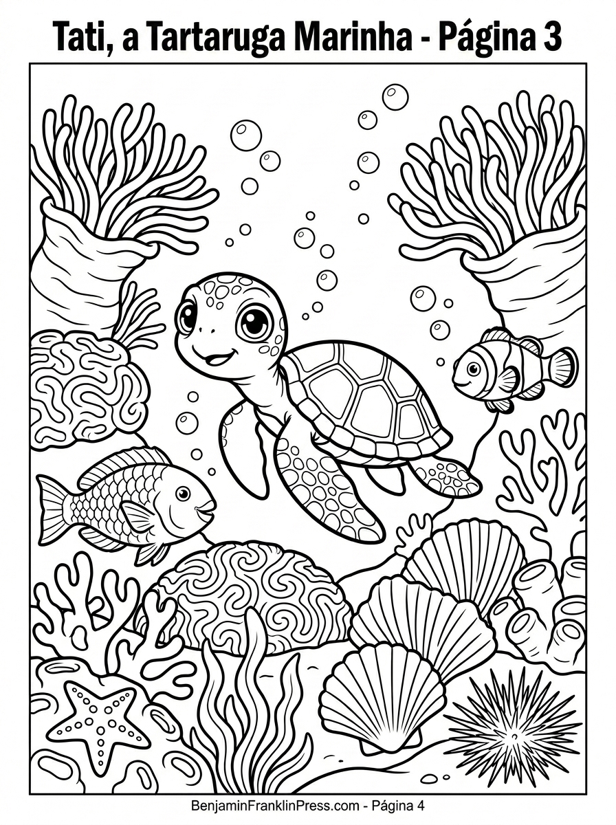 Desenho de tartaruga marinha para colorir com Tati nadando em um recife de coral cercada por peixe-palhaço, ouriço-do-mar e diferentes tipos de coral do oceano Atlântico.