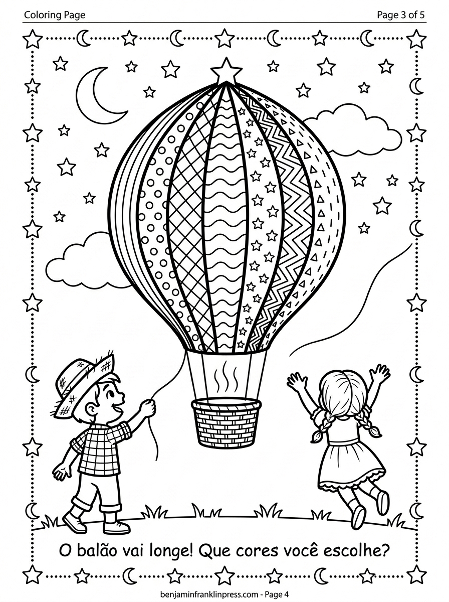 Crianças soltando balão junino de papel no céu estrelado da noite de São João — desenho para colorir