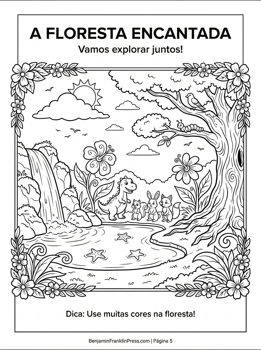 Quatro dinossauros amigos explorando floresta pré-histórica com lago de peixes estrelados, cachoeira e flores gigantes, desenho de dinossauro para colorir com cena detalhada em preto e branco