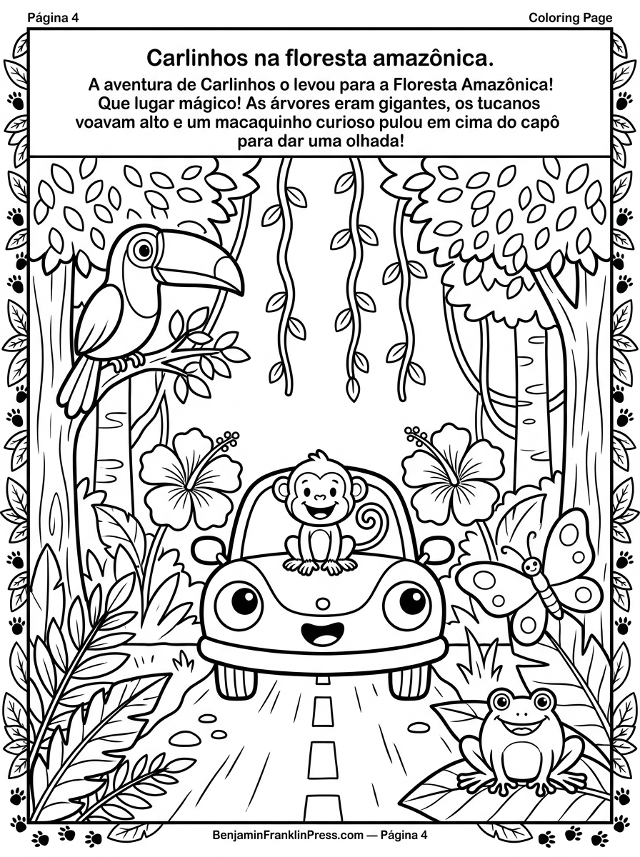 desenho de carro para colorir com Carlinhos na Amazônia, acompanhado de macaco no capô, tucano, rã e flores tropicais
