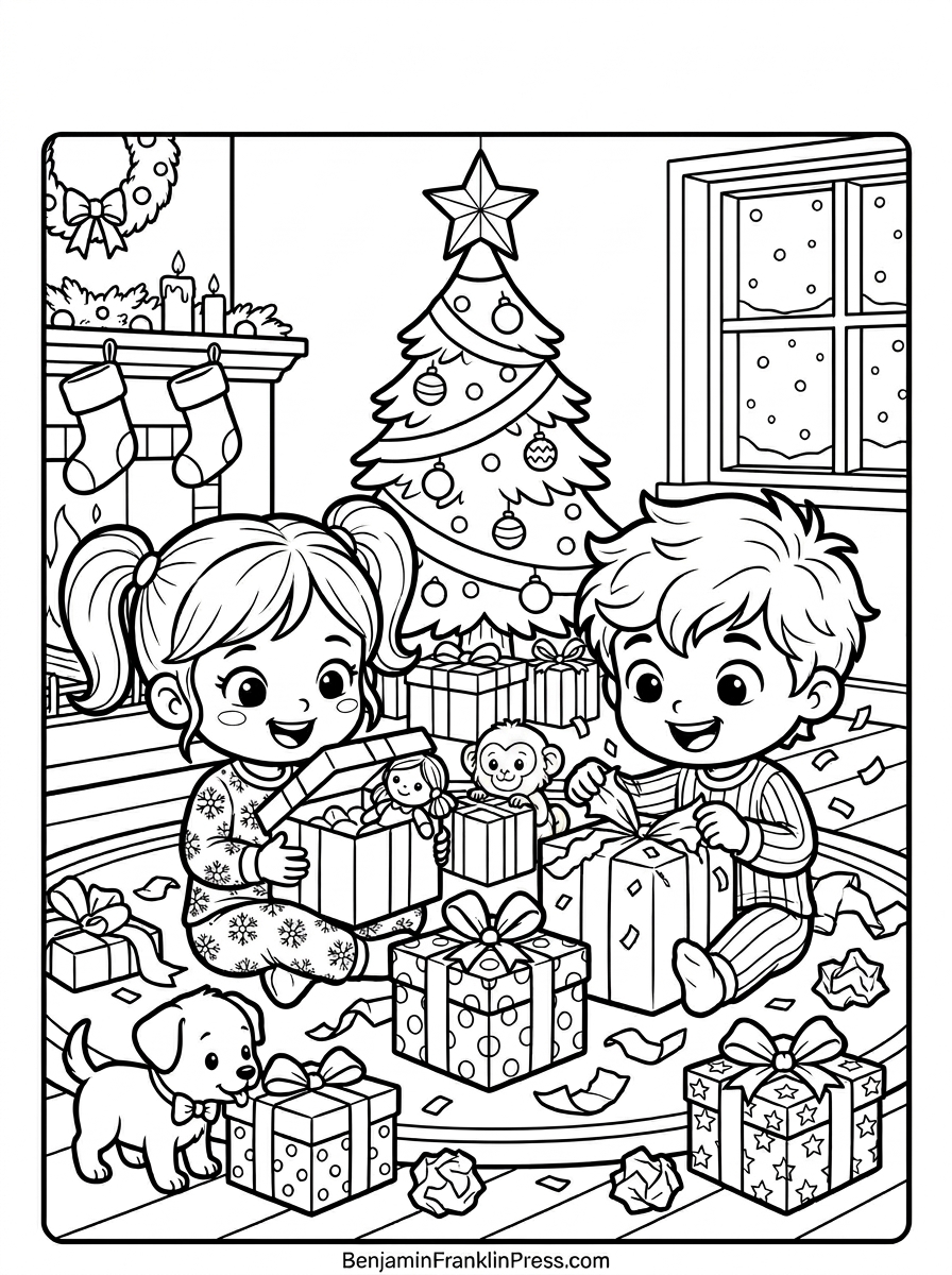 Desenho de natal para colorir com duas crianças de pijama abrindo presentes na véspera de natal, árvore ao fundo e brinquedos espalhados pelo chão, para colorir