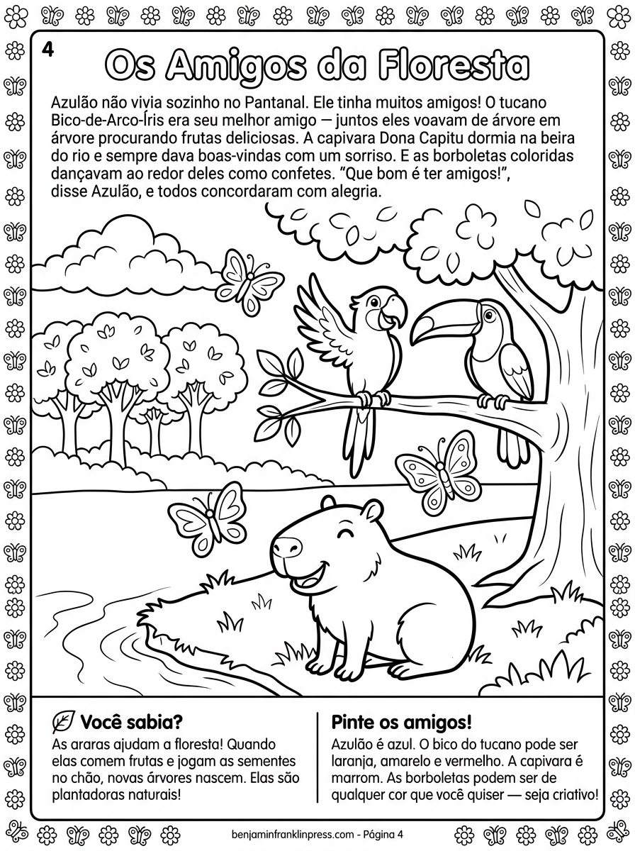 Desenho para colorir de uma clareira com uma arara-azul, um tucano Bico-de-Arco-Íris num galho, a capivara à beira do rio e várias borboletas voando; composição vibrante para estimular diálogo sobre ecossistema