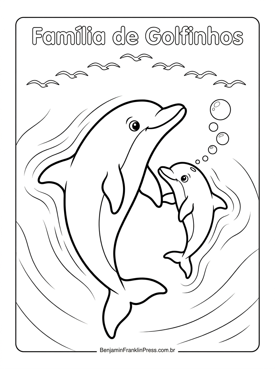Página de golfinho para colorir com mãe e filhote nadando juntos no oceano, nadadeiras quase se tocando e pássaros marinhos voando ao fundo — cena de afeto animal para crianças.
