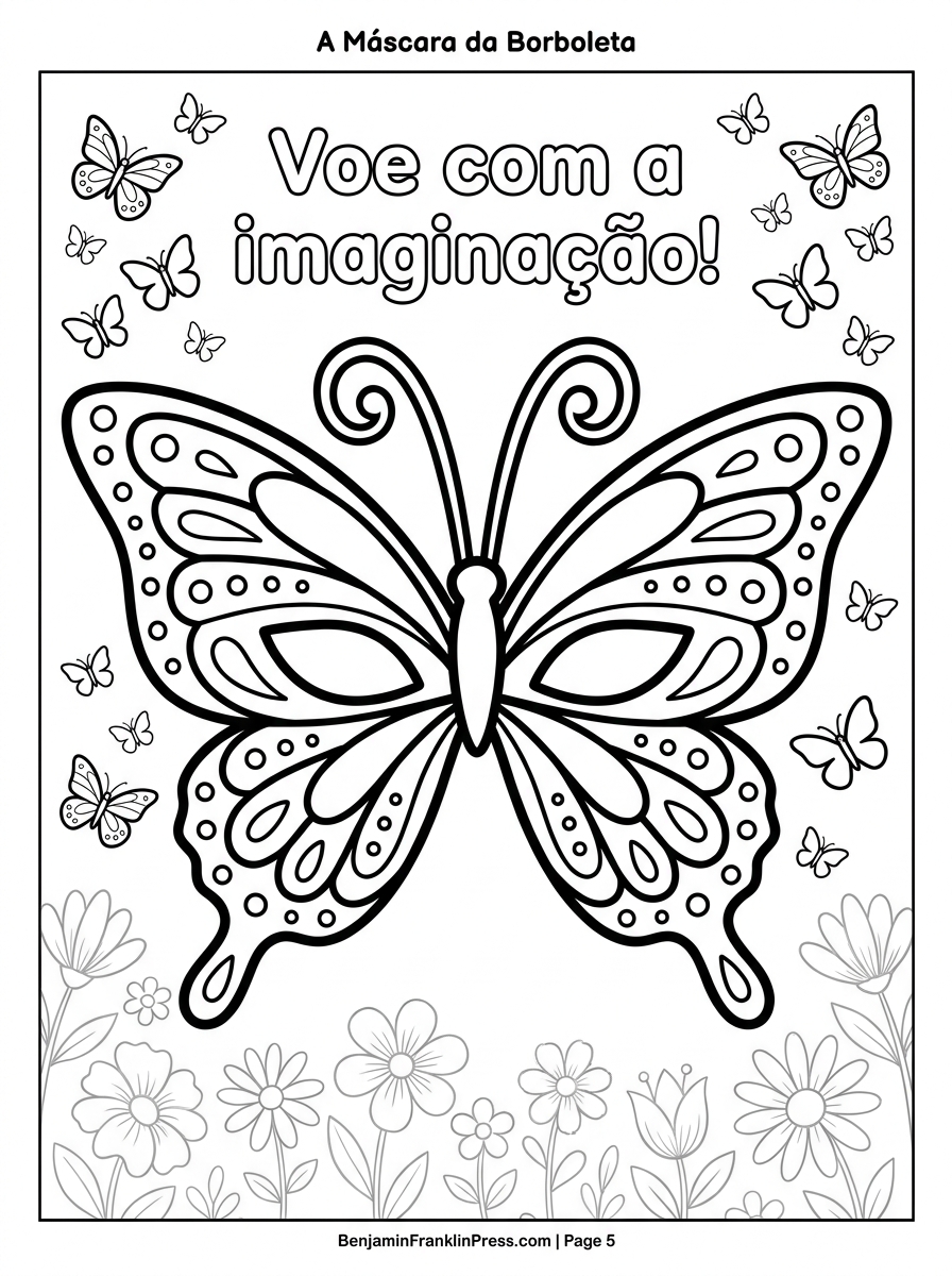 Máscara para colorir de borboleta com asas simétricas divididas em seções decoradas e borboletinhas ao redor — desenho infantil em preto e branco