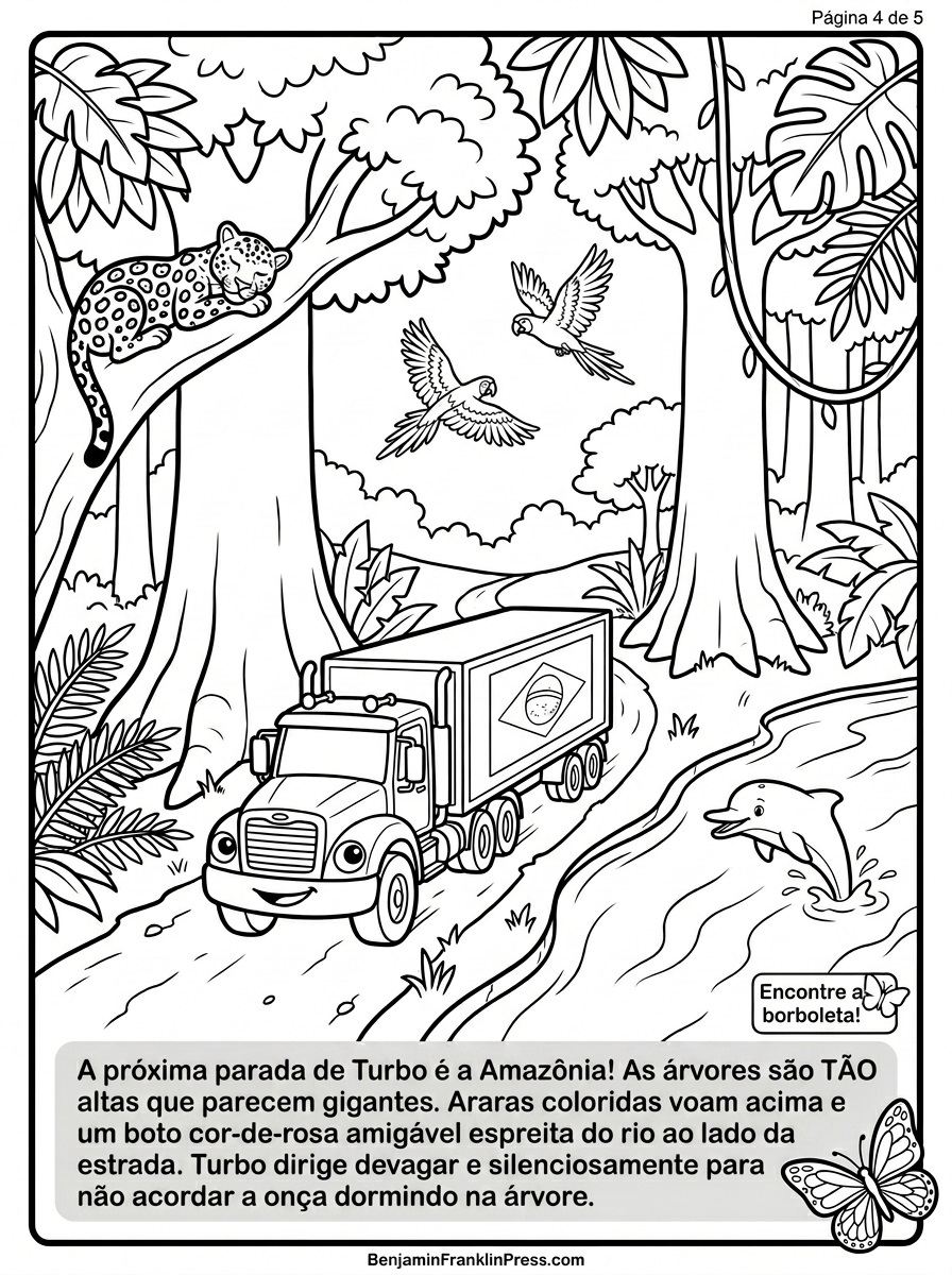 Floresta Amazônica com onça-pintada, boto rosado e araras-azuis. Atividade educativa sobre biodiversidade brasileira para crianças.
