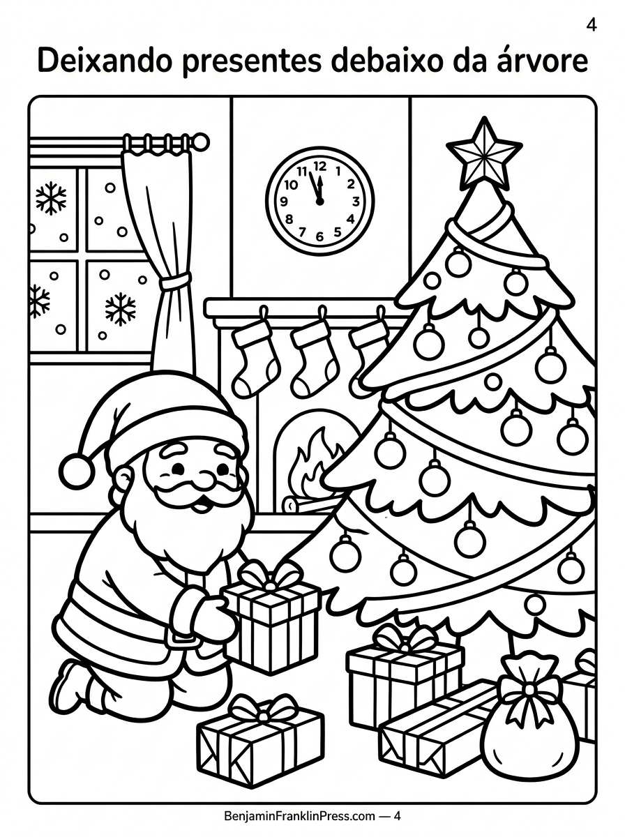 Desenho de Papai Noel para colorir organizando presentes embaixo da árvore de Natal decorada, ilustração em preto e branco para crianças.