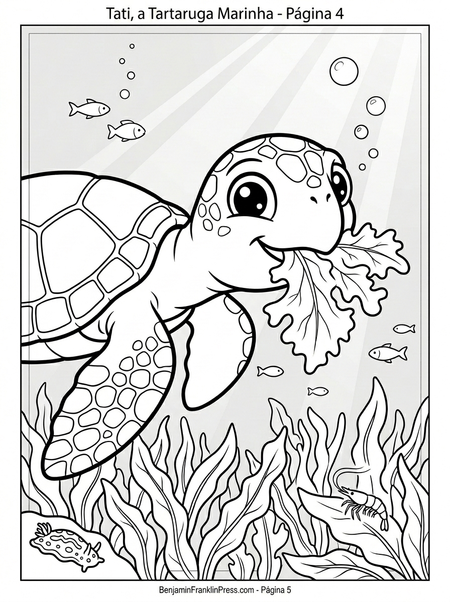 Desenho de tartaruga marinha para colorir em close mostrando Tati se alimentando de algas no fundo do mar, com camarão e lesma-do-mar ao redor em um prado submarino.