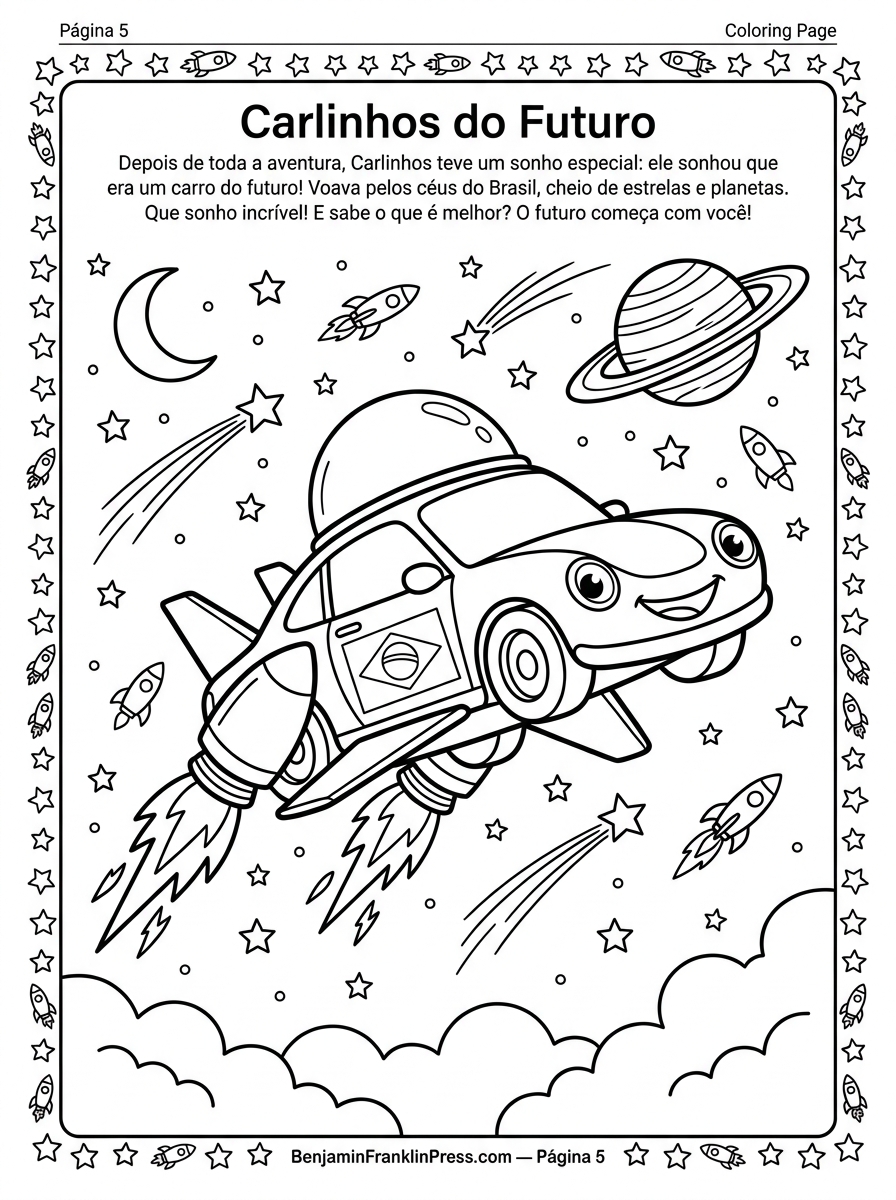 Carlinhos futurista voando pelo espaço sideral entre estrelas, planetas com anéis e foguetes
