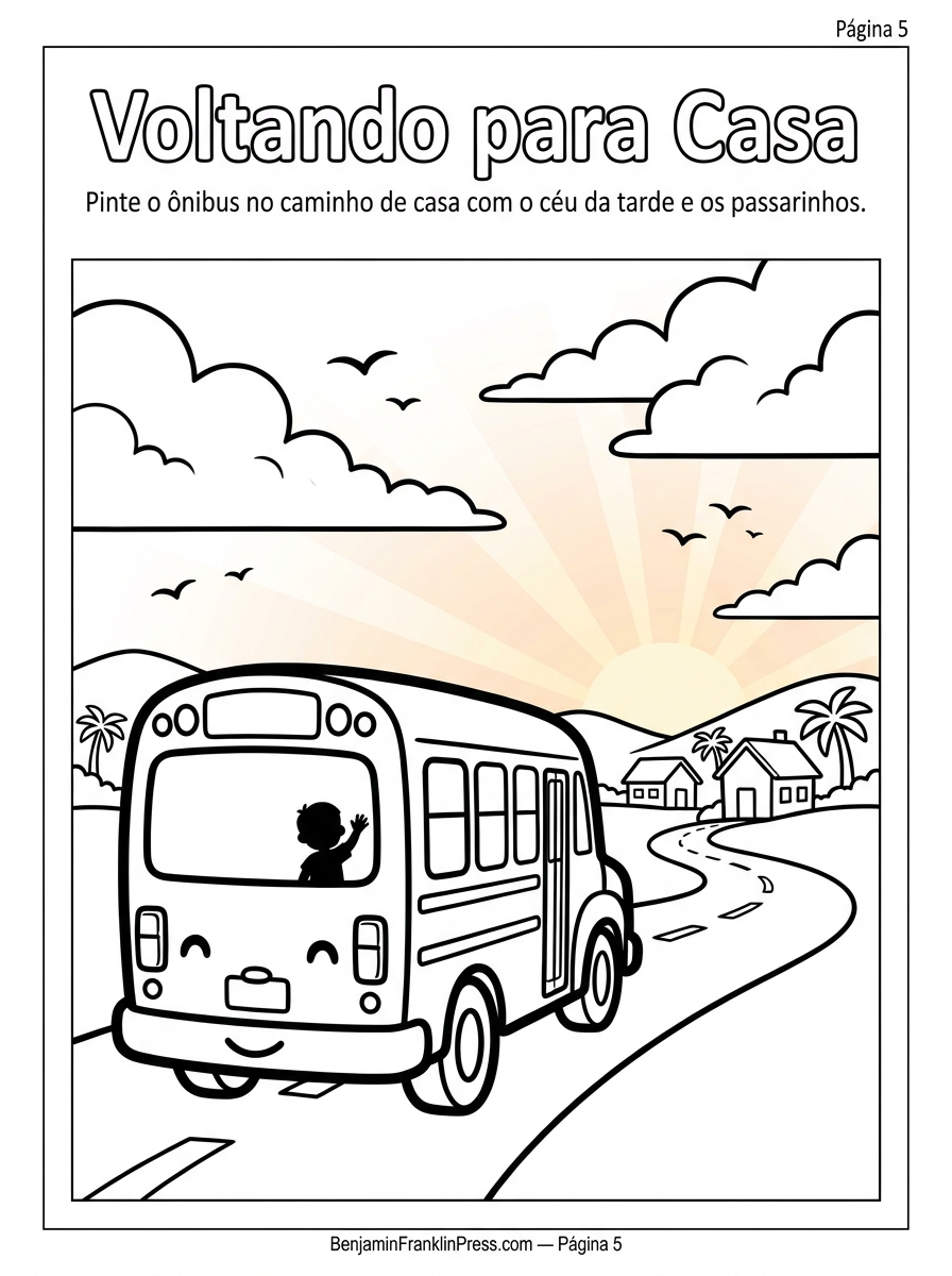Ao entardecer, ônibus seguindo estrada de volta para casa, página final da coleção infantil