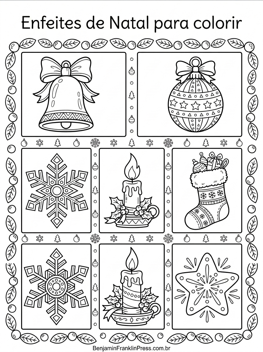 seis enfeites natalinos em quadros individuais: sino, bola de árvore, meia, floco de neve, vela e estrela, borda com guirlanda decorativa
