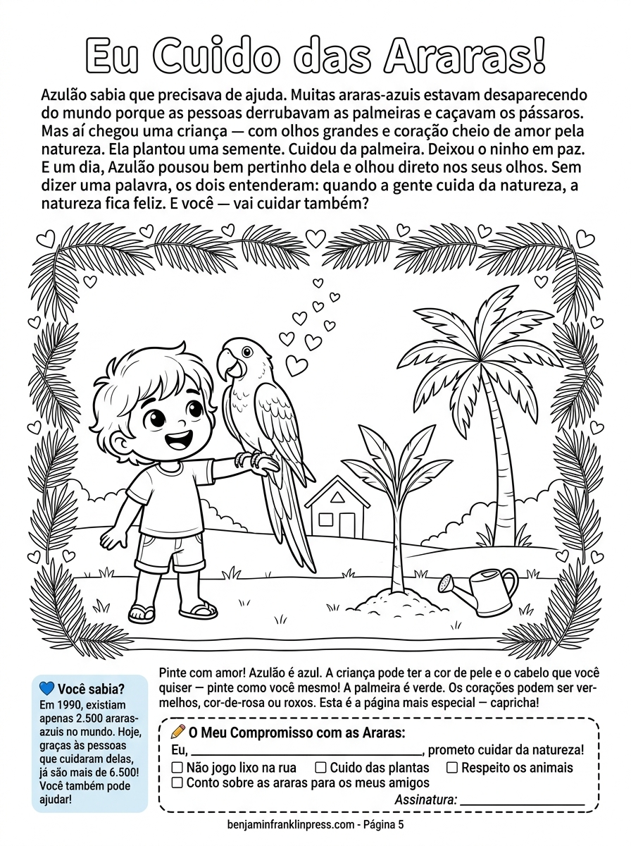 Desenho para colorir mostrando uma criança com a palma aberta e uma arara-azul pousada na mão; montinho de terra com palmeira jovem ao fundo, corações no ar e área para a criança assinar compromisso de cuidado.