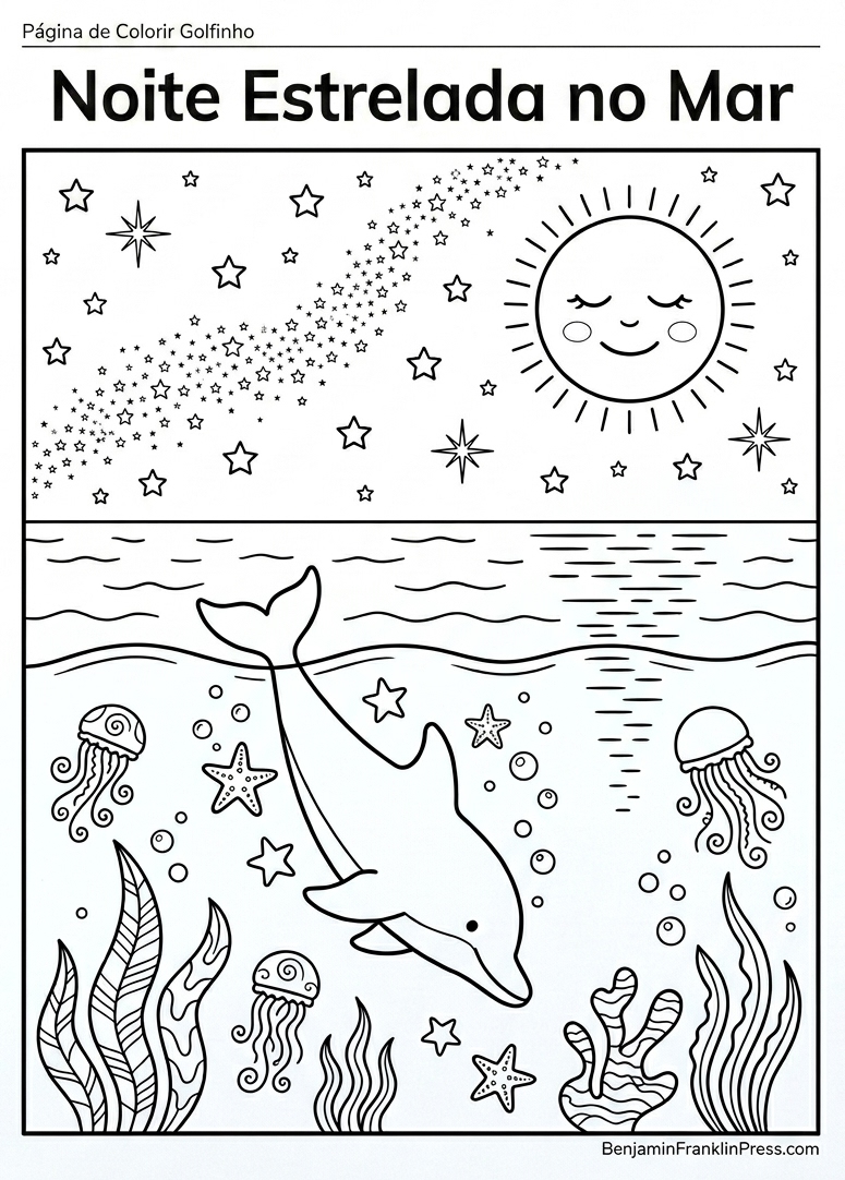 Mergulhando à noite sob lua cheia e céu estrelado, com águas-vivas e algas ao redor — cena noturna mágica e serena para crianças.