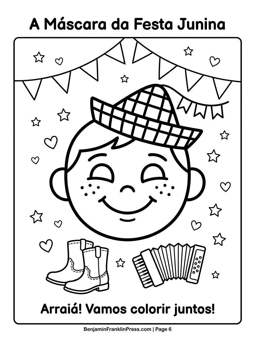para colorir de Festa Junina com chapéu de xadrez, sardas, sorriso e bandeirinhas decorativas — desenho infantil em preto e branco