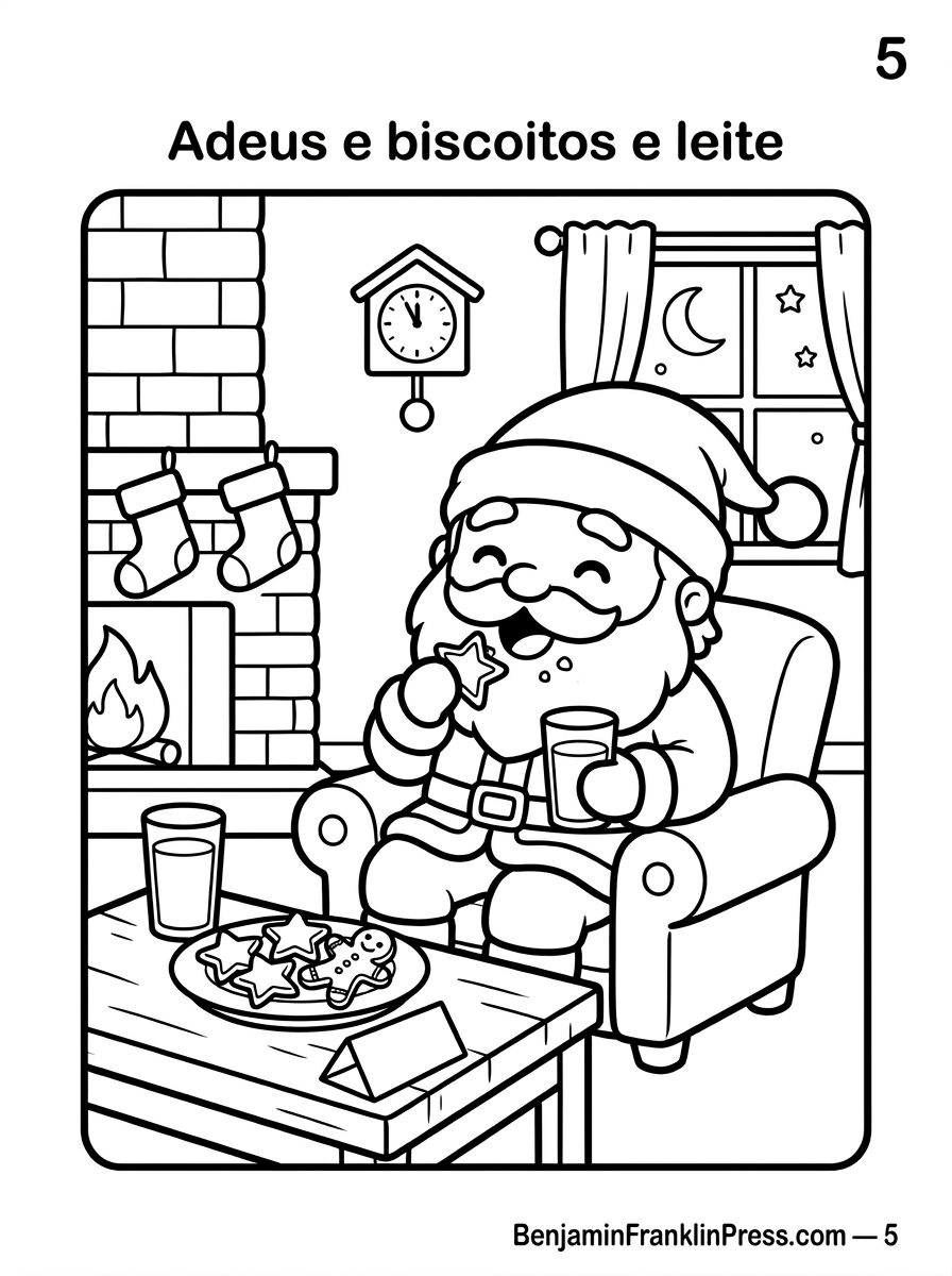 comendo biscoitos e tomando leite antes de voltar ao trenó, ilustração natalina em preto e branco.