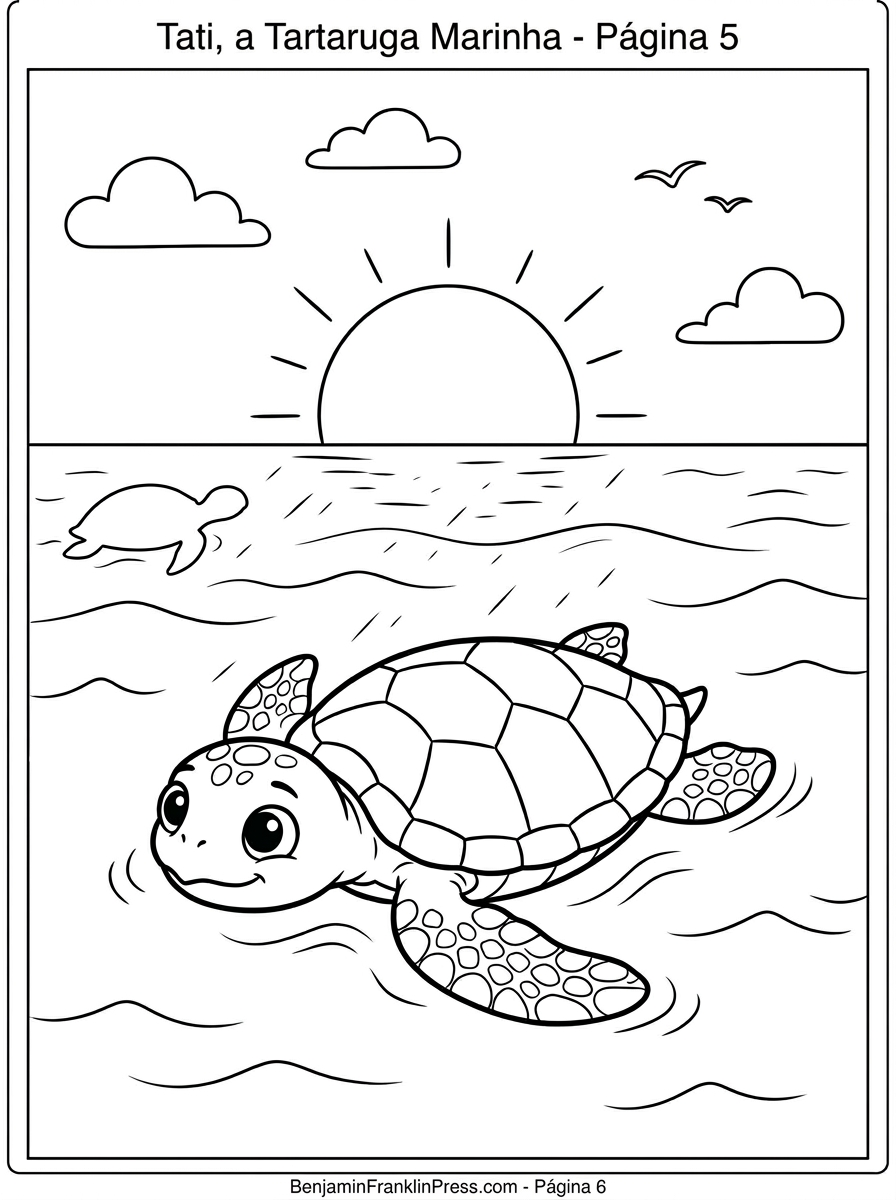 Tati flutuando na superfície do mar ao pôr do sol, cabeça erguida olhando o horizonte, com silhueta de tartaruga adulta ao longe.
