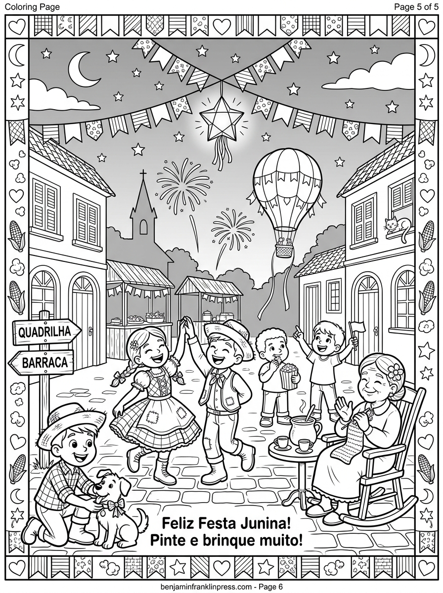 Cena completa de arraial junino com quadrilha, balão no céu, bandeirinhas e barracas — desenho para colorir infantil