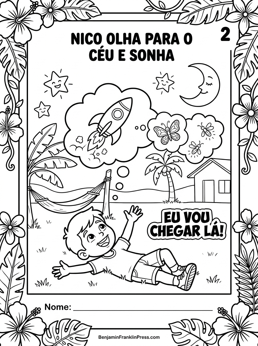 Desenho de astronauta para colorir mostrando o menino Nico deitado na grama olhando para o céu estrelado, com coqueiro ao fundo e balão de pensamento com foguete — atividade infantil para imprimir